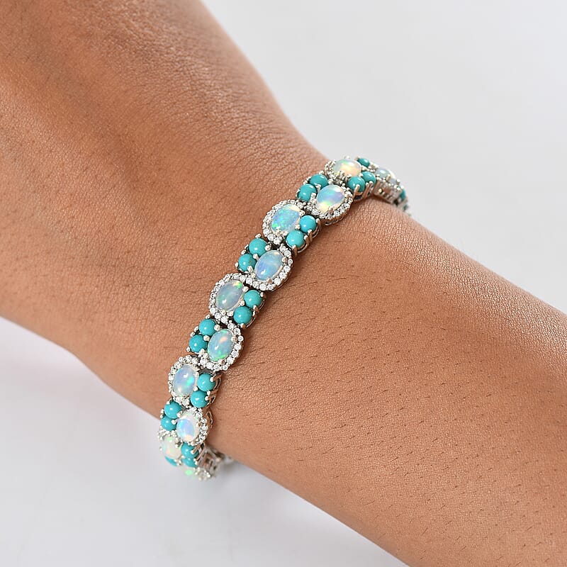 D'Joy Premium Ethiopian Welo Opal and Multi Gemstone 14.50 ctw Frozen Symphony Bracelet in Rhodium Over Sterling Silver (7.25 In)