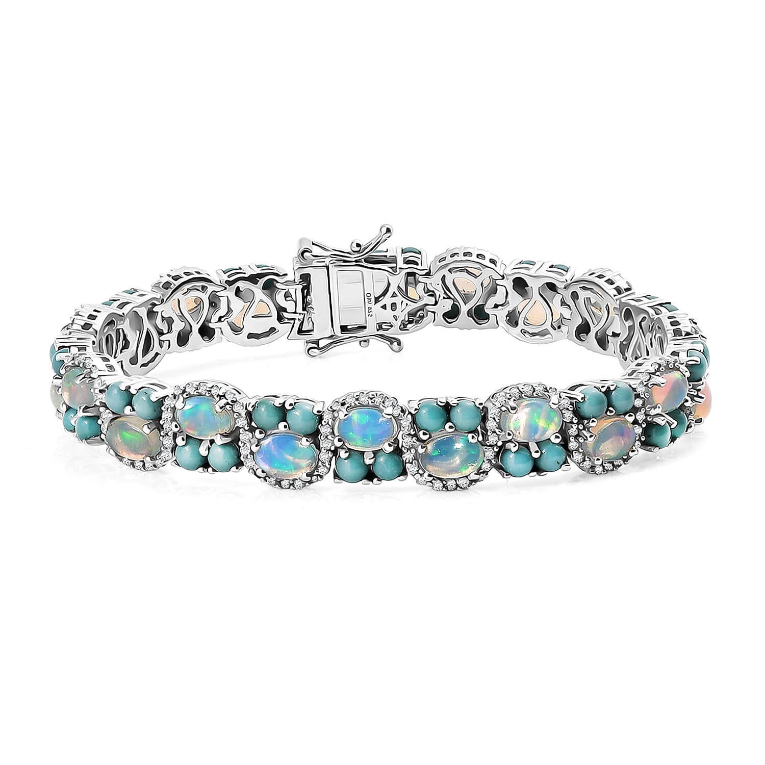 D'Joy Premium Ethiopian Welo Opal and Multi Gemstone 16.40 ctw Frozen Symphony Bracelet in Rhodium Over Sterling Silver (8.00 In)