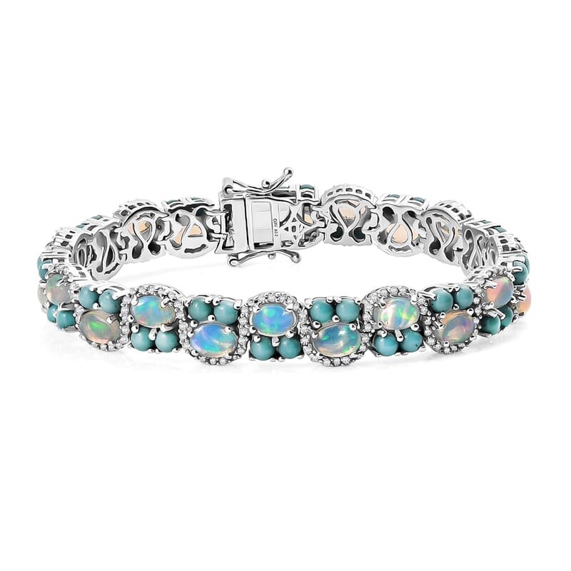 D'Joy Premium Ethiopian Welo Opal and Multi Gemstone 16.40 ctw Frozen Symphony Bracelet in Rhodium Over Sterling Silver (8.00 In)