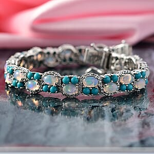 D'Joy Premium Ethiopian Welo Opal and Multi Gemstone 16.40 ctw Frozen Symphony Bracelet in Rhodium Over Sterling Silver (8.00 In)