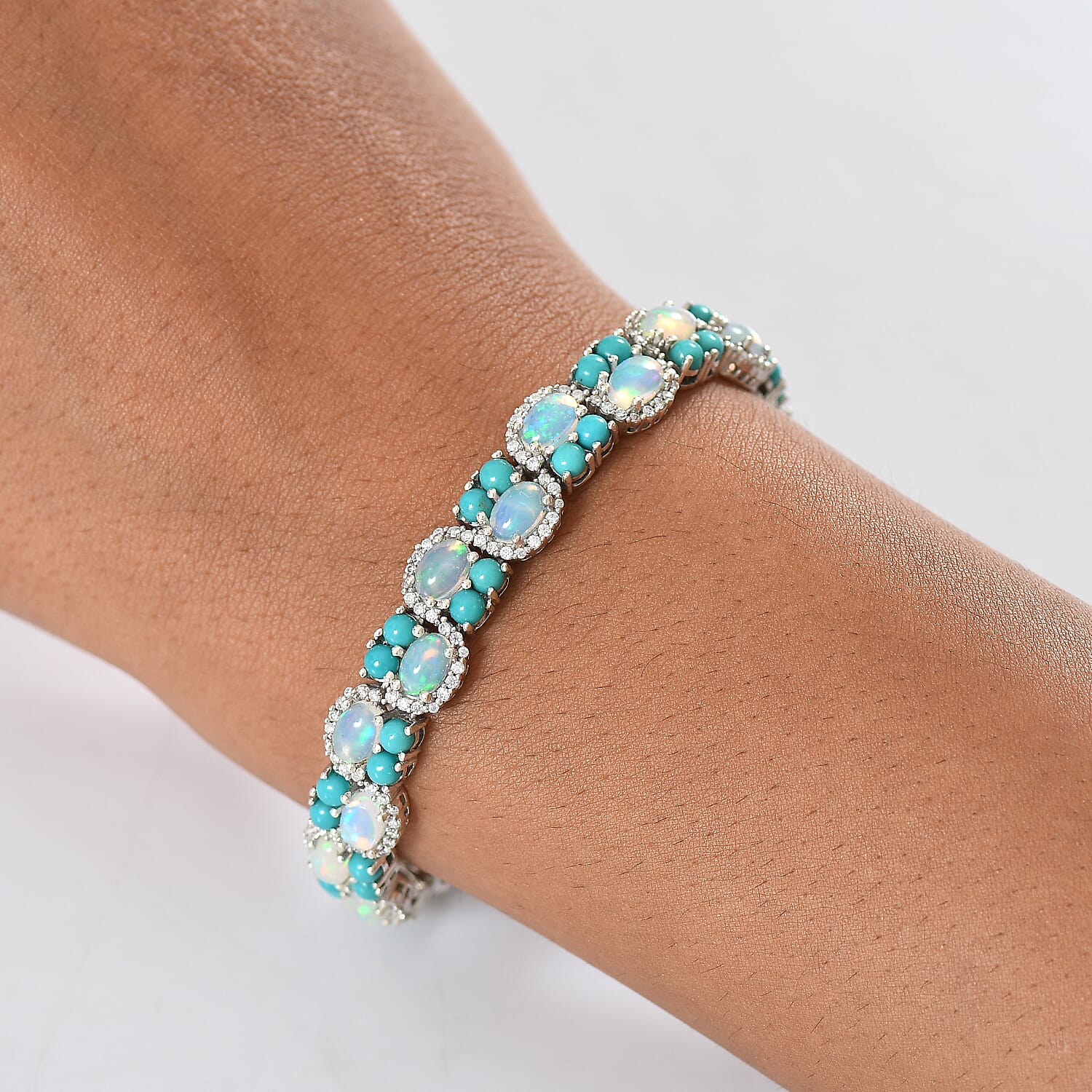 D'Joy Premium Ethiopian Welo Opal and Multi Gemstone 16.40 ctw Frozen Symphony Bracelet in Rhodium Over Sterling Silver (8.00 In)
