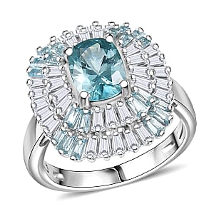 D'Joy Premium Cambodian Blue Zircon and Multi Gemstone 3.80 ctw Majesty Sunray Ring in Rhodium Over Sterling Silver (Size 6.0)