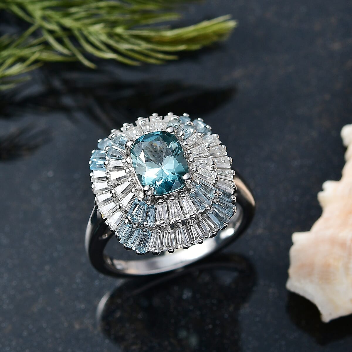 D'Joy Premium Cambodian Blue Zircon and Multi Gemstone 3.80 ctw Majesty Sunray Ring in Rhodium Over Sterling Silver (Size 6.0) image number 1