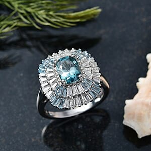 D'Joy Premium Cambodian Blue Zircon and Multi Gemstone 3.80 ctw Majesty Sunray Ring in Rhodium Over Sterling Silver (Size 6.0)