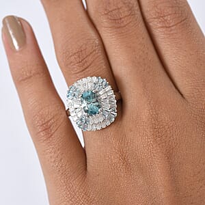 D'Joy Premium Cambodian Blue Zircon and Multi Gemstone 3.80 ctw Majesty Sunray Ring in Rhodium Over Sterling Silver (Size 6.0)