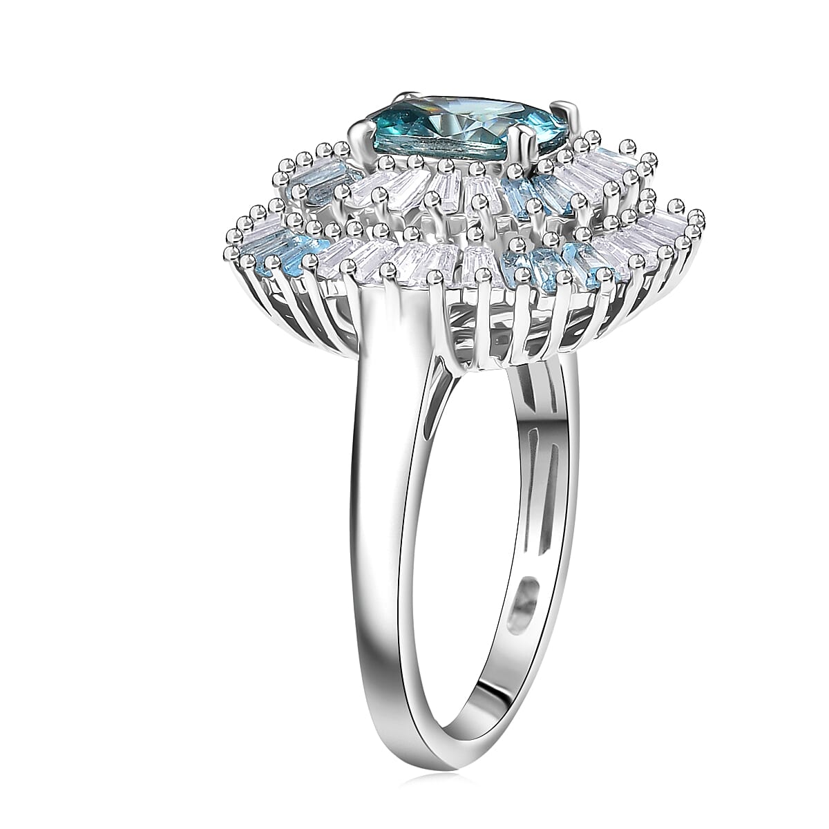 D'Joy Premium Cambodian Blue Zircon and Multi Gemstone 3.80 ctw Majesty Sunray Ring in Rhodium Over Sterling Silver (Size 6.0) image number 3