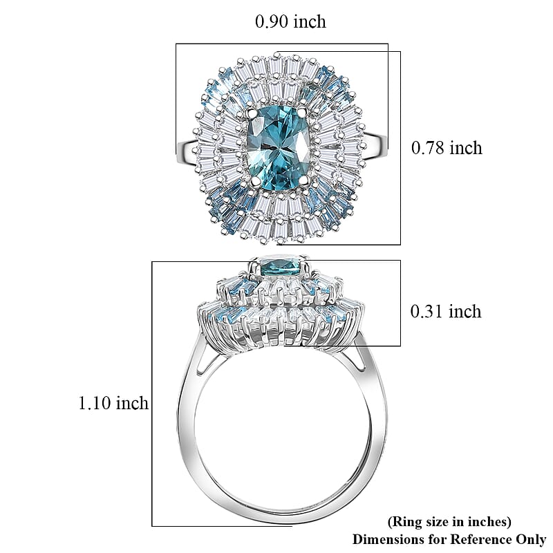 D'Joy Premium Cambodian Blue Zircon and Multi Gemstone 3.80 ctw Majesty Sunray Ring in Rhodium Over Sterling Silver (Size 9.0)