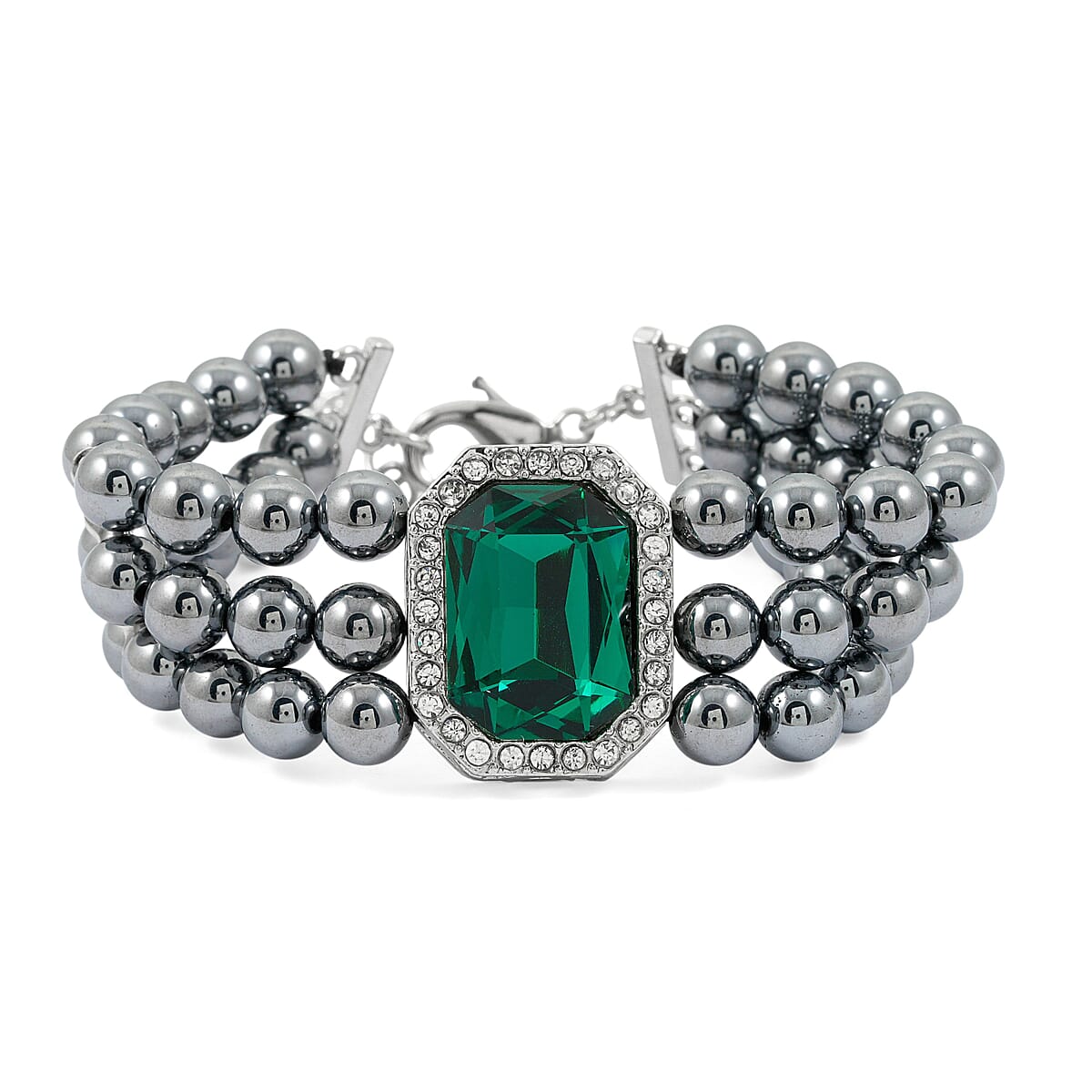 Terahertz 70.00 ctw, Green and White Austrian Crystal 3-Row Beaded Bracelet in Silvertone (6.5-7.5In) image number 0