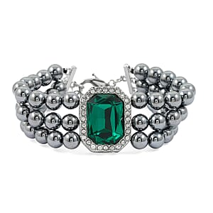 Terahertz 70.00 ctw, Green and White Austrian Crystal 3-Row Beaded Bracelet in Silvertone (6.5-7.5In)