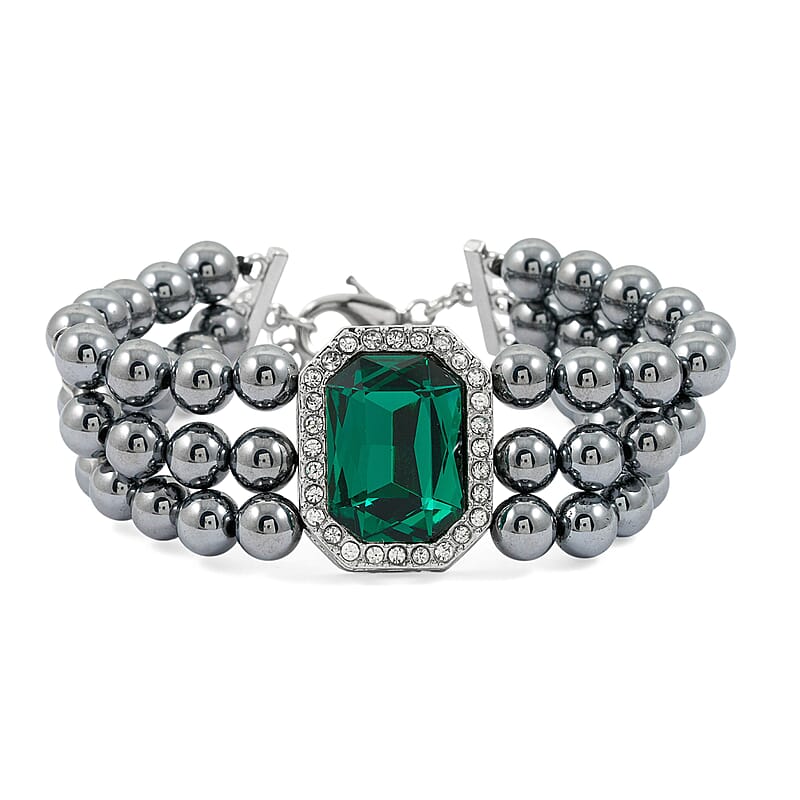  Terahertz 70.00 ctw, Green and White Austrian Crystal 3-Row Beaded Bracelet in Silvertone (6.5-7.5In)