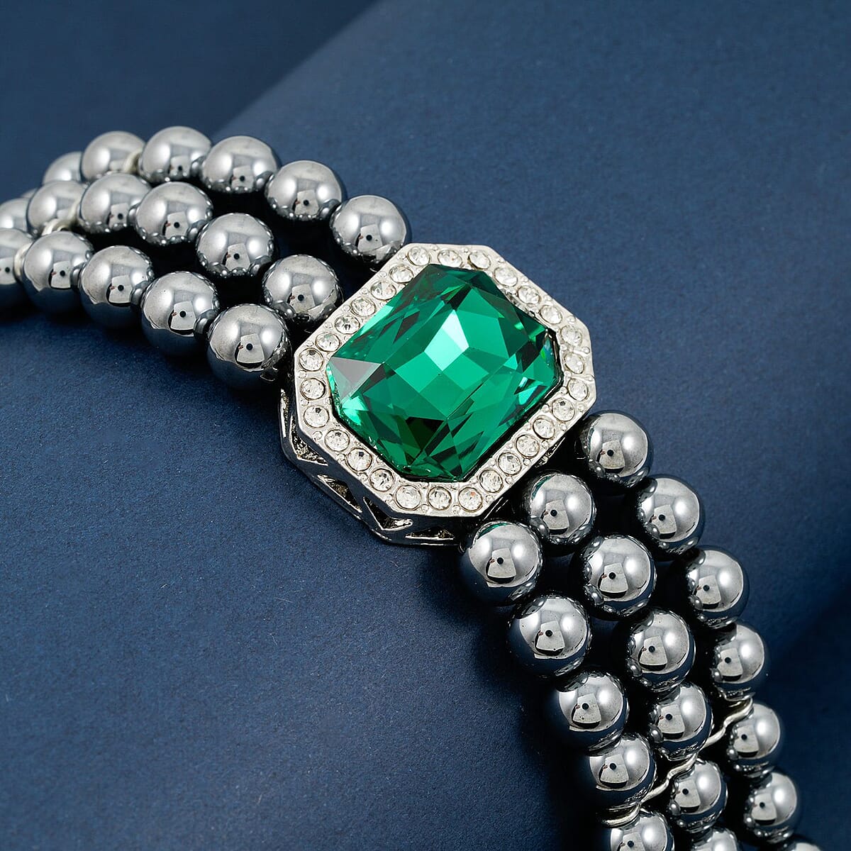 Terahertz 70.00 ctw, Green and White Austrian Crystal 3-Row Beaded Bracelet in Silvertone (6.5-7.5In) image number 1