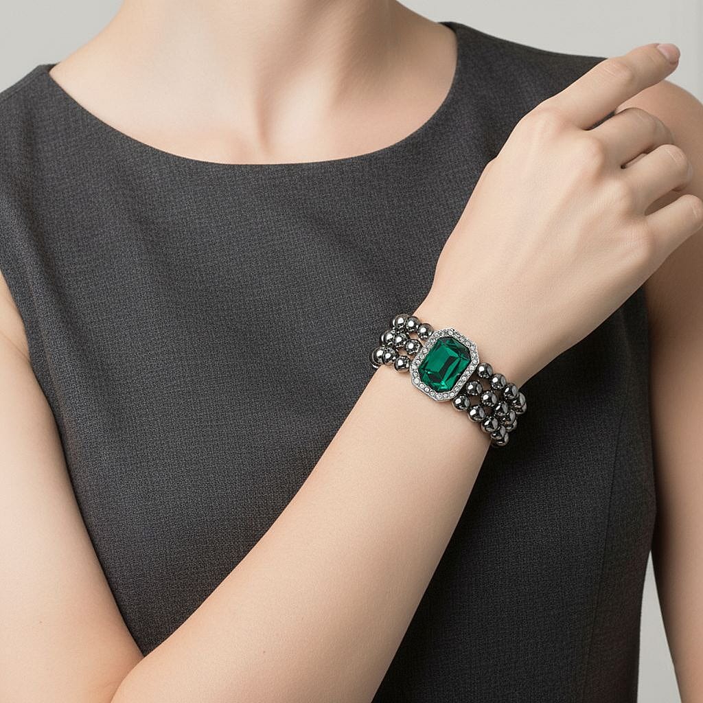  Terahertz 70.00 ctw, Green and White Austrian Crystal 3-Row Beaded Bracelet in Silvertone (6.5-7.5In)