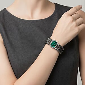 Doorbuster Terahertz 70.00 ctw, Green and White Austrian Crystal 3-Row Beaded Bracelet in Silvertone (6.5-7.5In)