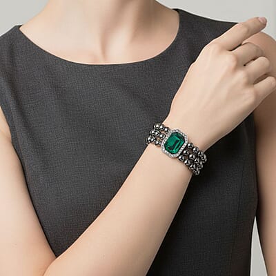  Terahertz 70.00 ctw, Green and White Austrian Crystal 3-Row Beaded Bracelet in Silvertone (6.5-7.5In)