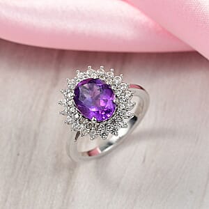 D'Joy African Amethyst and White Zircon 3.35 ctw Ring in Platinum Over Sterling Silver (Size 10.0)