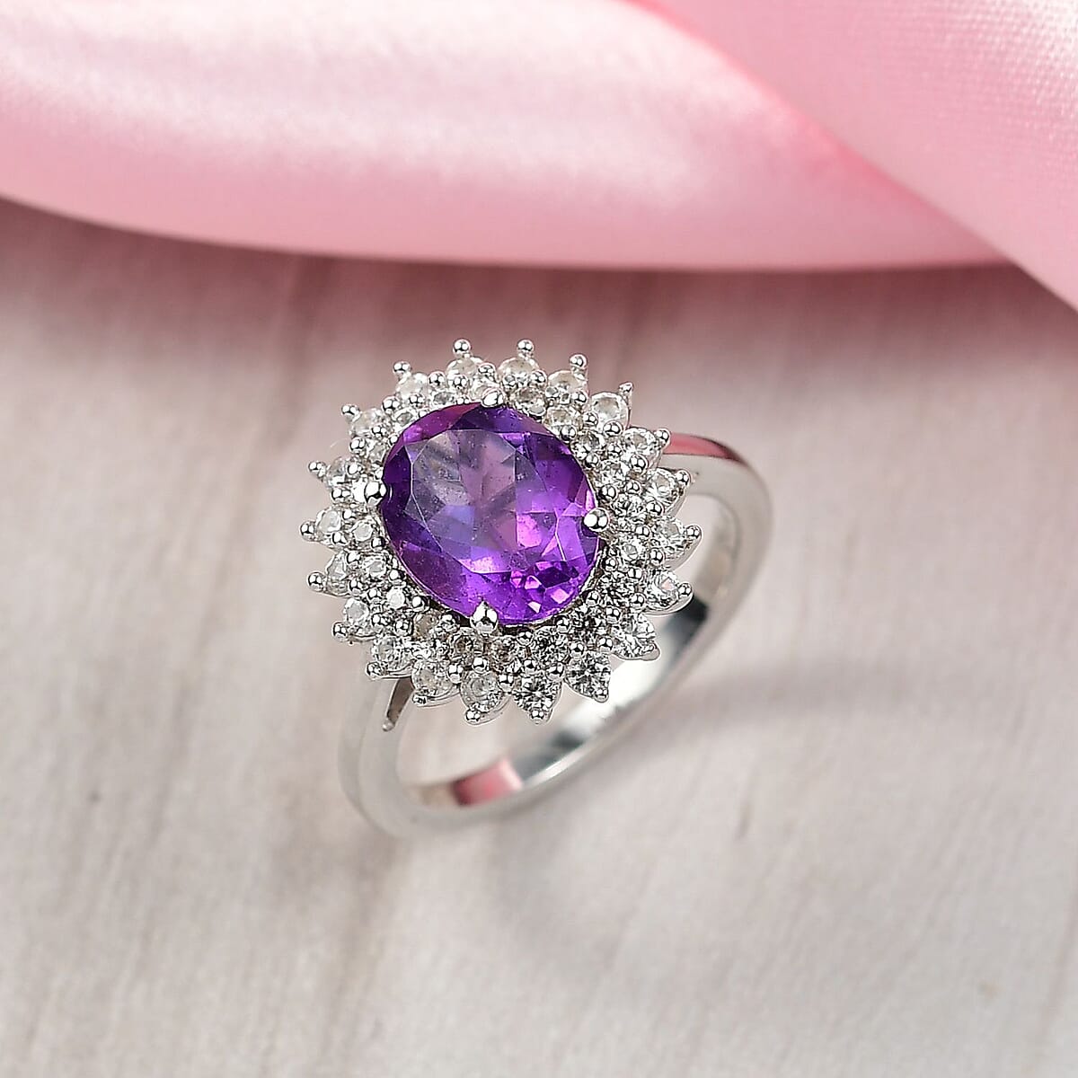 D'Joy African Amethyst, White Zircon Ring in Platinum Over Sterling Silver (Size 6.0) 3.35 ctw image number 1
