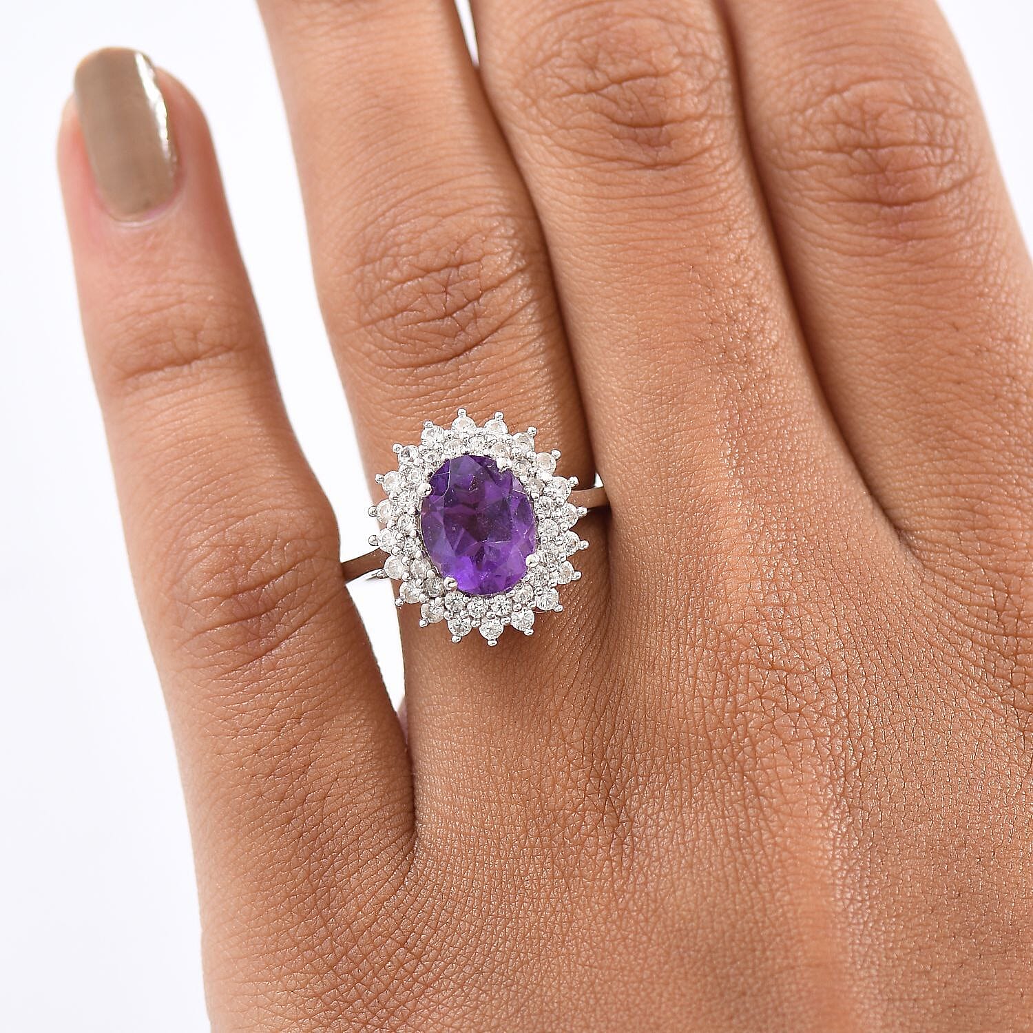 D'Joy African Amethyst, White Zircon Ring in Platinum Over Sterling Silver (Size 7.0) 3.35 ctw