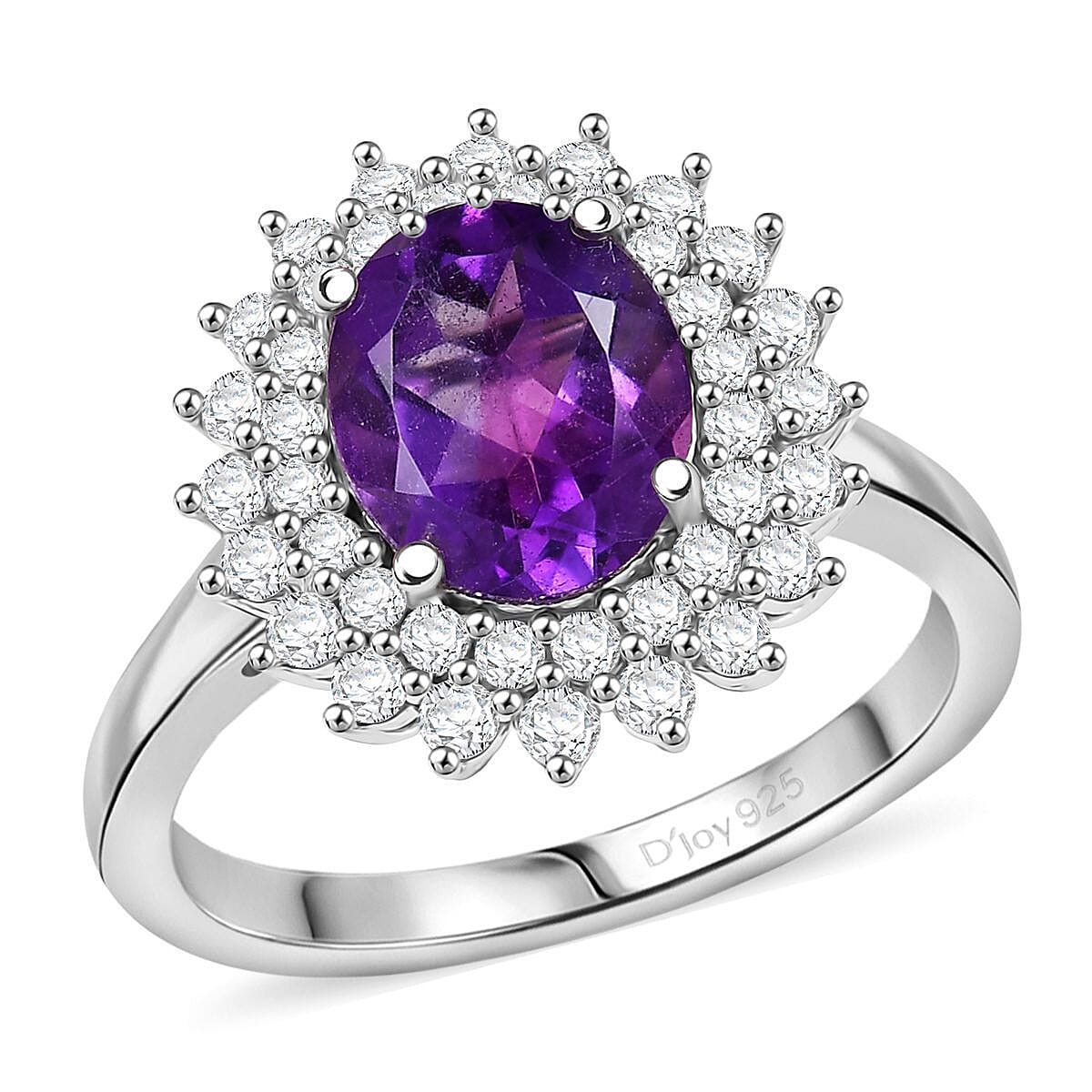 D'Joy African Amethyst ,  White Zircon  Main Stone With Side Stone Ring in Platinum OverSterling Silver 3.80 (Size 10.0) 3.36 ctw