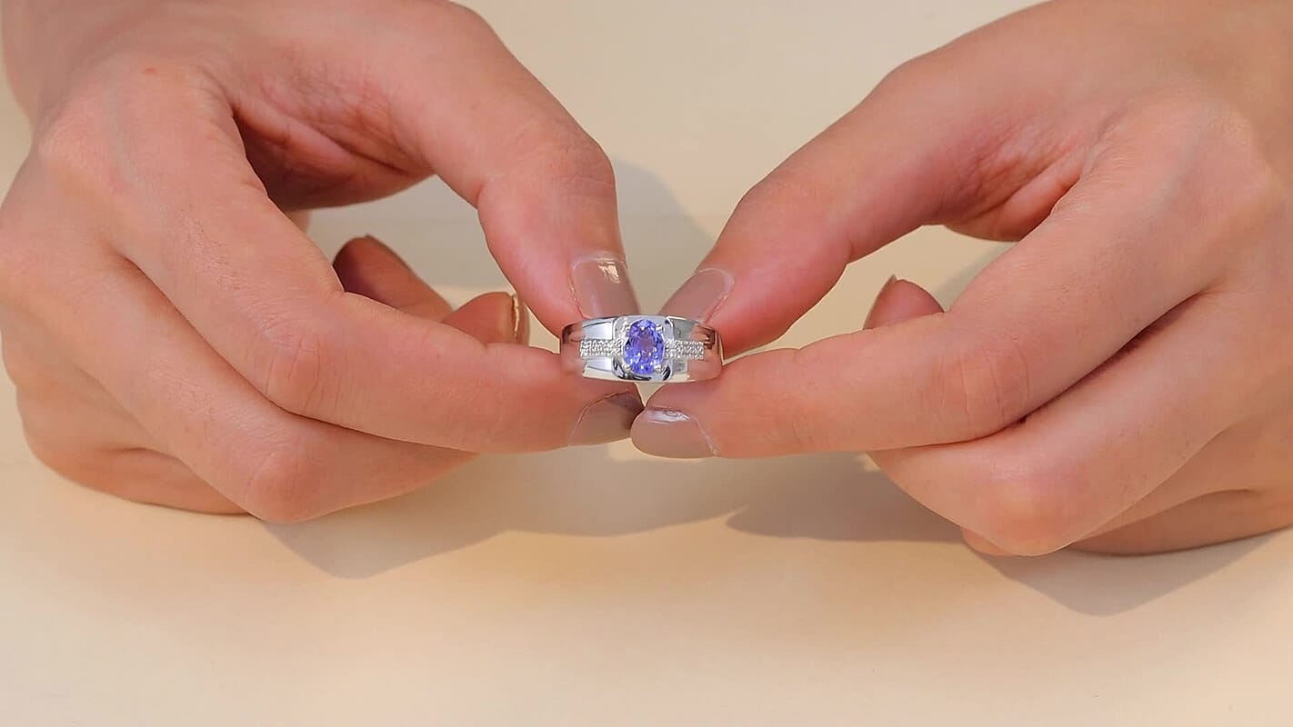 D'Joy Premium Tanzanite and White Zircon 1.20 ctw Men's Ring in Rhodium Over Sterling Silver (Size 10.0)
