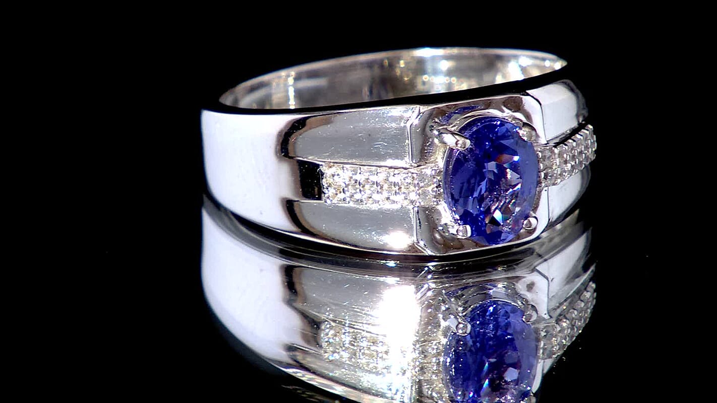 D'Joy Premium Tanzanite and White Zircon 1.20 ctw Men's Ring in Rhodium Over Sterling Silver (Size 10.0)
