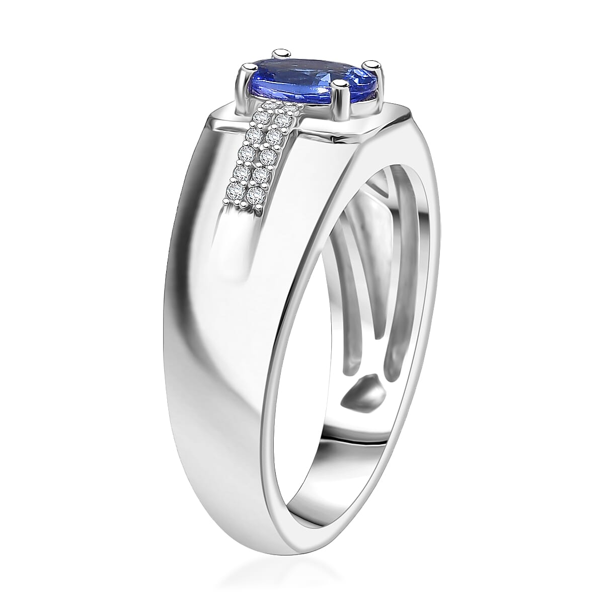 D'Joy Premium Tanzanite and White Zircon 1.20 ctw Art Deco Men's Ring in Rhodium Over Sterling Silver (Size 10.0)  image number 3