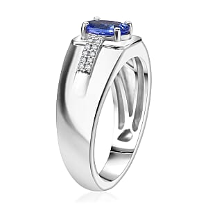 D'Joy Premium Tanzanite and White Zircon 1.20 ctw Art Deco Men's Ring in Rhodium Over Sterling Silver (Size 10.0) 