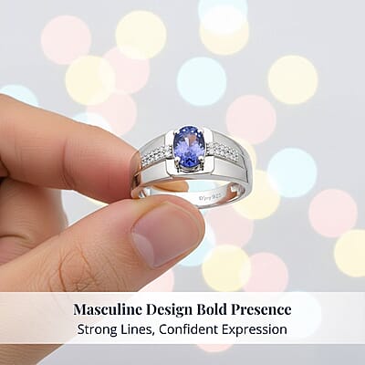 D'Joy Premium Tanzanite and White Zircon 1.20 ctw Art Deco Men's Ring in Rhodium Over Sterling Silver (Size 10.0) 