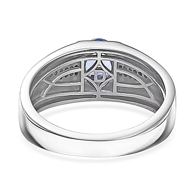 D'Joy Premium Tanzanite and White Zircon 1.20 ctw Art Deco Men's Ring in Rhodium Over Sterling Silver (Size 10.0) 