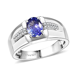 D'Joy Premium Tanzanite and White Zircon 1.20 ctw Art Deco Men's Ring in Rhodium Over Sterling Silver (Size 11.0) 