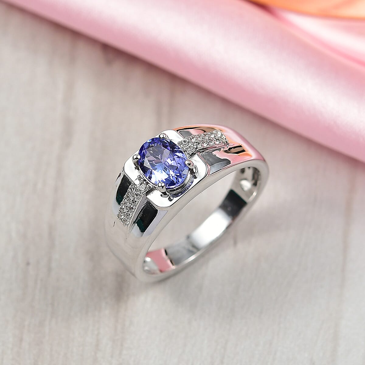 D'Joy Premium Tanzanite and White Zircon 1.20 ctw Art Deco Men's Ring in Rhodium Over Sterling Silver (Size 11.0)  image number 1