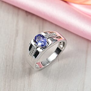 D'Joy Premium Tanzanite and White Zircon 1.20 ctw Art Deco Men's Ring in Rhodium Over Sterling Silver (Size 11.0) 