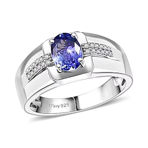 D'Joy Premium Tanzanite and White Zircon 1.20 ctw Art Deco Men's Ring in Rhodium Over Sterling Silver (Size 12.0) 