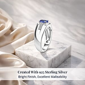 D'Joy Premium Tanzanite and White Zircon 1.20 ctw Art Deco Men's Ring in Rhodium Over Sterling Silver (Size 13.0) 