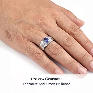 D'Joy Premium Tanzanite and White Zircon 1.20 ctw Art Deco Men's Ring in Rhodium Over Sterling Silver (Size 14.0) 