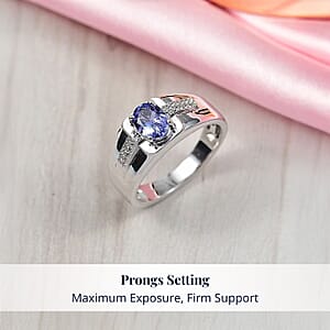 D'Joy Premium Tanzanite and White Zircon 1.20 ctw Art Deco Men's Ring in Rhodium Over Sterling Silver (Size 14.0) 