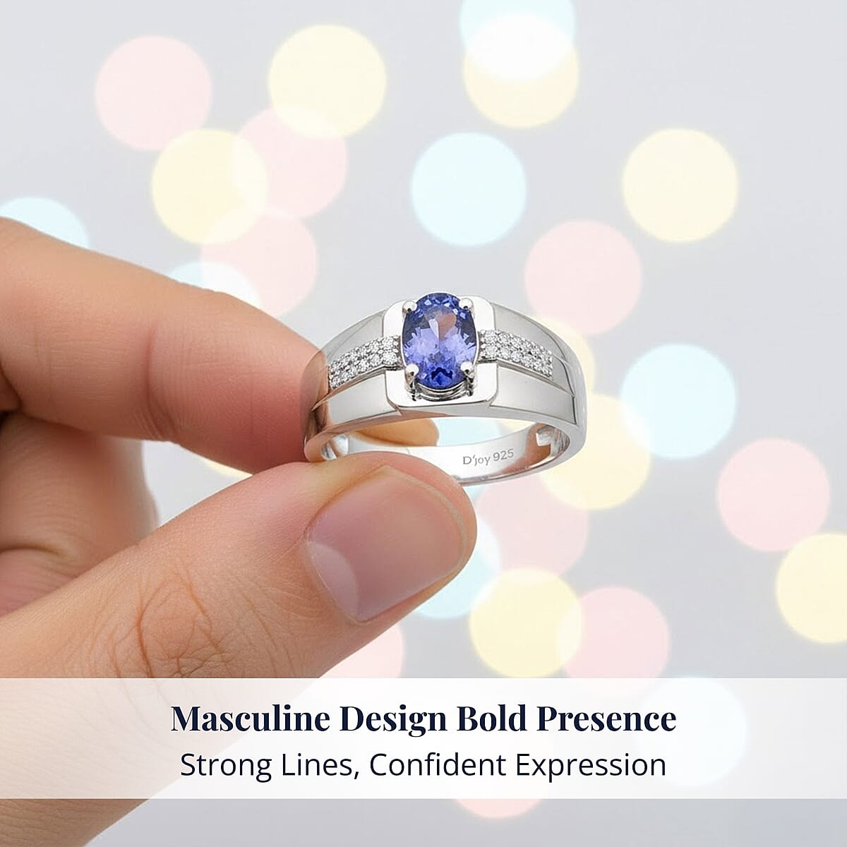 D'Joy Premium Tanzanite and White Zircon 1.20 ctw Art Deco Men's Ring in Rhodium Over Sterling Silver (Size 14.0)  image number 4