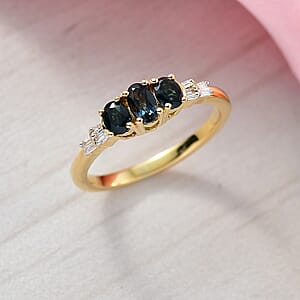 D'Joy AAA Monte Belo Indicolite and Diamond 0.60 ctw Art Deco Ring in 18K Vermeil Yellow Gold Over Sterling Silver (Size 9.0)