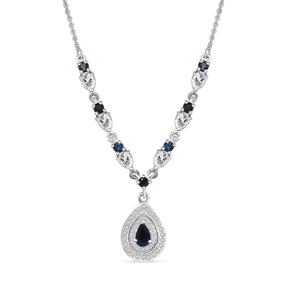 Doorbuster D'Joy AAA Monte Belo Indicolite and Moissanite 1.60 ctw Art Deco Necklace in Rhodium Over Sterling Silver 18 Inches image number 0
