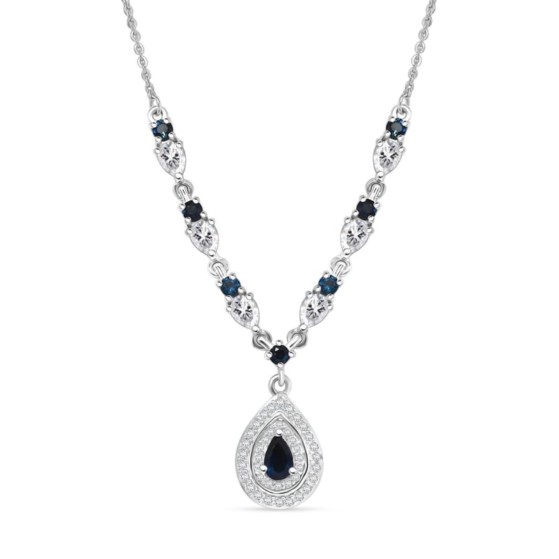  D'Joy AAA Monte Belo Indicolite and Moissanite 1.60 ctw Art Deco Necklace in Rhodium Over Sterling Silver 18 Inches