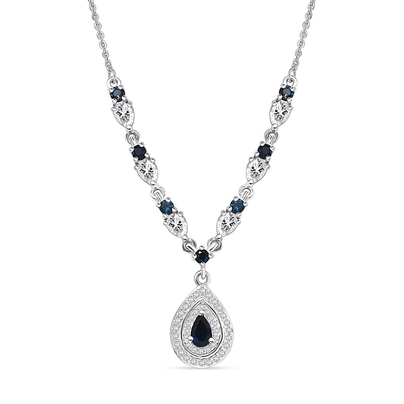  D'Joy AAA Monte Belo Indicolite and Moissanite 1.60 ctw Art Deco Necklace in Rhodium Over Sterling Silver 18 Inches