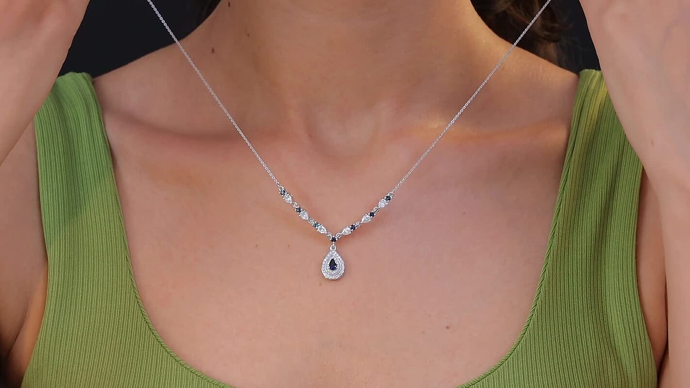 D'Joy AAA Monte Belo Indicolite and Moissanite 1.60 ctw Art Deco Necklace in Rhodium Over Sterling Silver 18 Inches