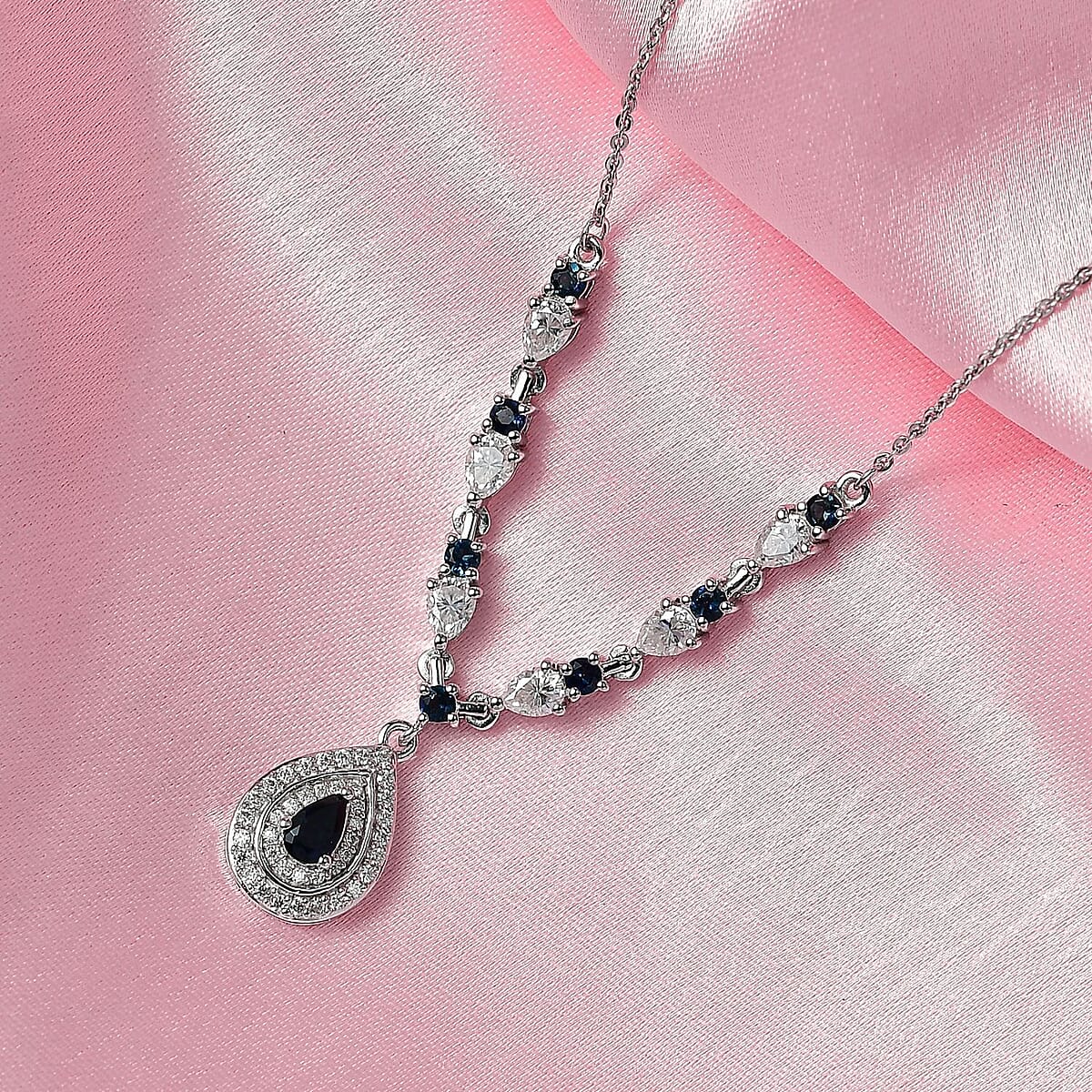 Doorbuster D'Joy AAA Monte Belo Indicolite and Moissanite 1.60 ctw Art Deco Necklace in Rhodium Over Sterling Silver 18 Inches image number 1