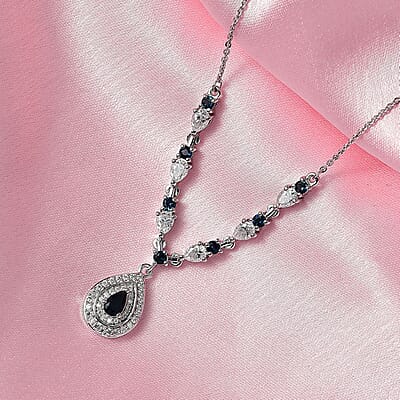  D'Joy AAA Monte Belo Indicolite and Moissanite 1.60 ctw Art Deco Necklace in Rhodium Over Sterling Silver 18 Inches