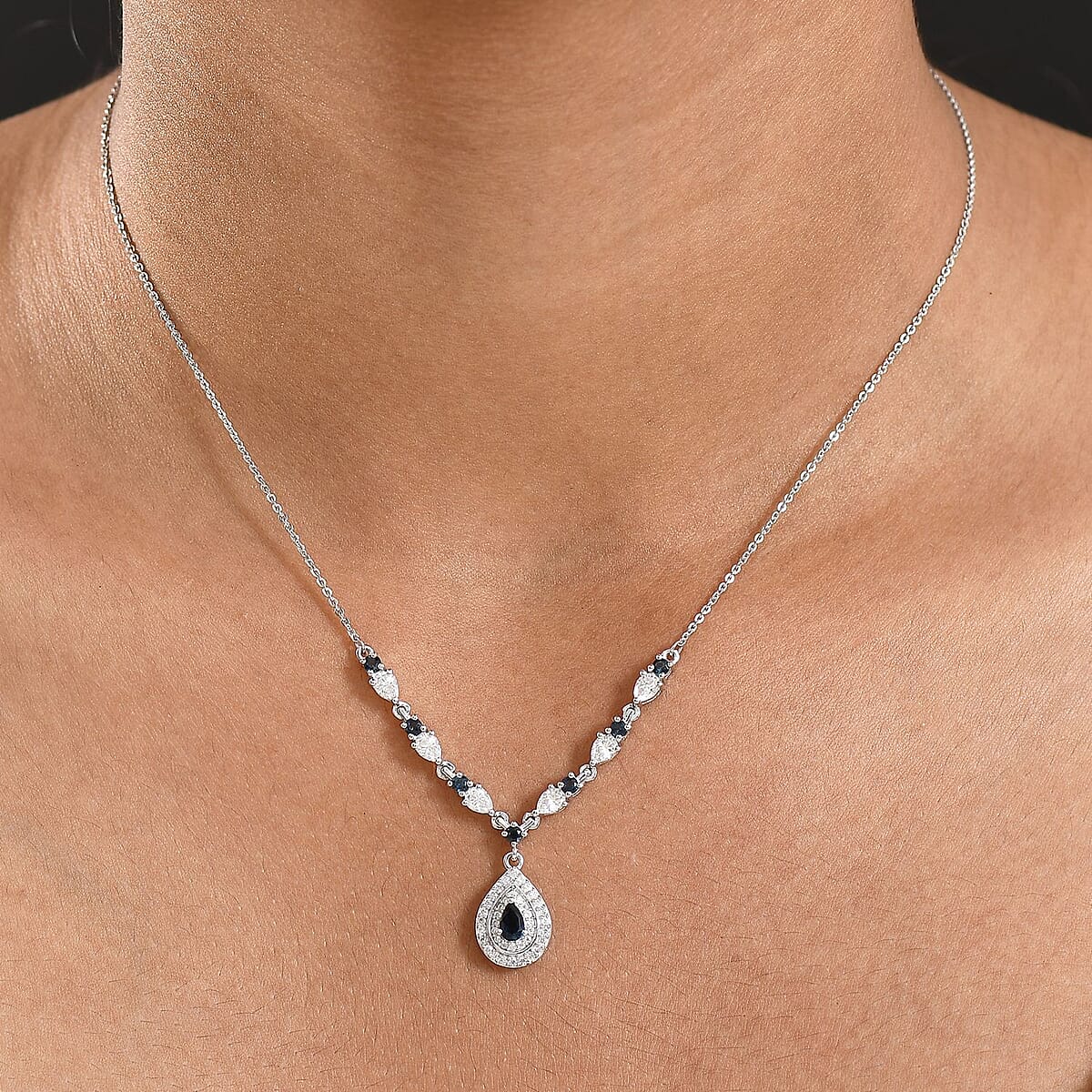 Doorbuster D'Joy AAA Monte Belo Indicolite and Moissanite 1.60 ctw Art Deco Necklace in Rhodium Over Sterling Silver 18 Inches image number 2