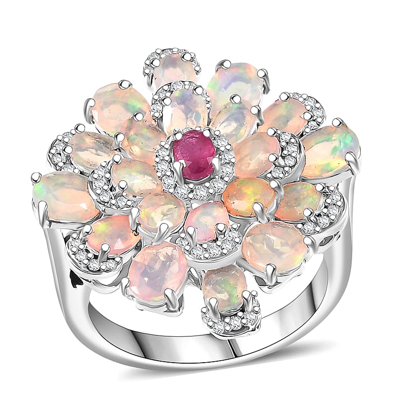  GP Italian Garden Collection Premium Ethiopian Welo Opal and Multi Gemstone 3.85 ctw Ring in Rhodium Over Sterling Silver (Size 10.0)