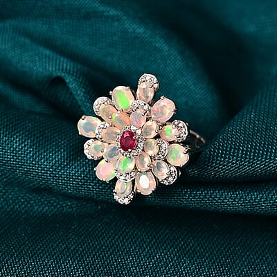  GP Italian Garden Collection Premium Ethiopian Welo Opal and Multi Gemstone 3.85 ctw Ring in Rhodium Over Sterling Silver (Size 10.0)