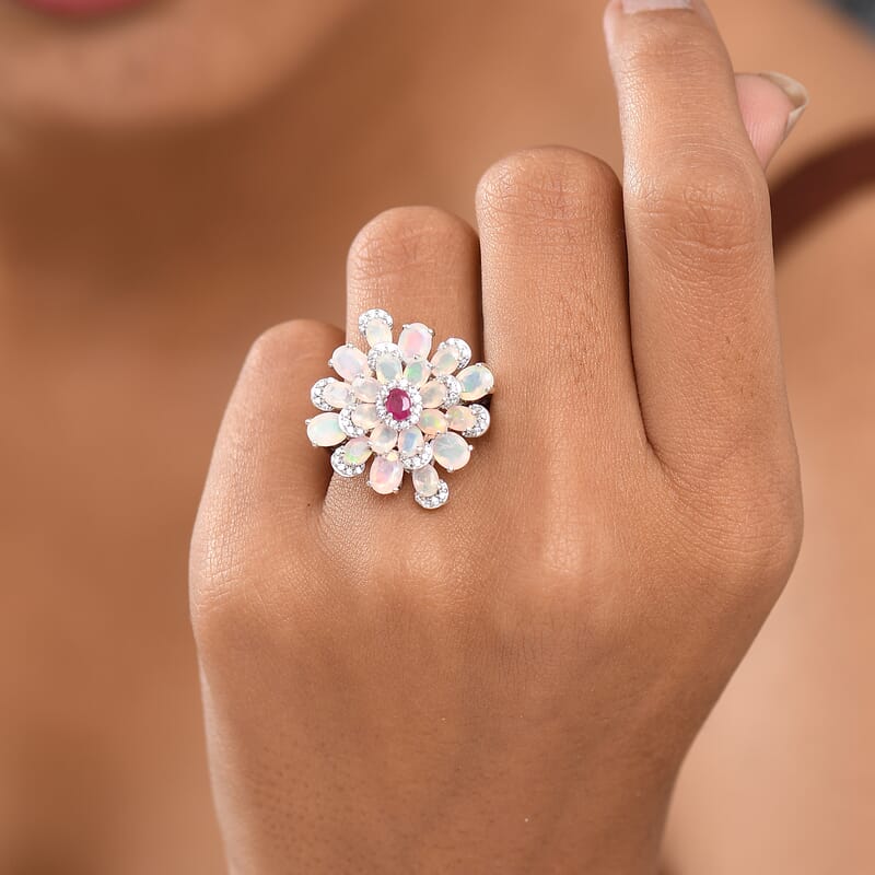 GP Italian Garden Collection Premium Ethiopian Welo Opal and Multi Gemstone 3.85 ctw Ring in Rhodium Over Sterling Silver (Size 10.0)