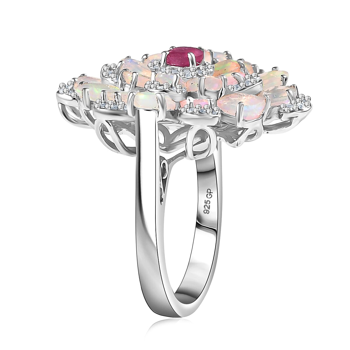 GP Italian Garden Collection Premium Ethiopian Welo Opal and Multi Gemstone 3.85 ctw Ring in Rhodium Over Sterling Silver (Size 10.0)