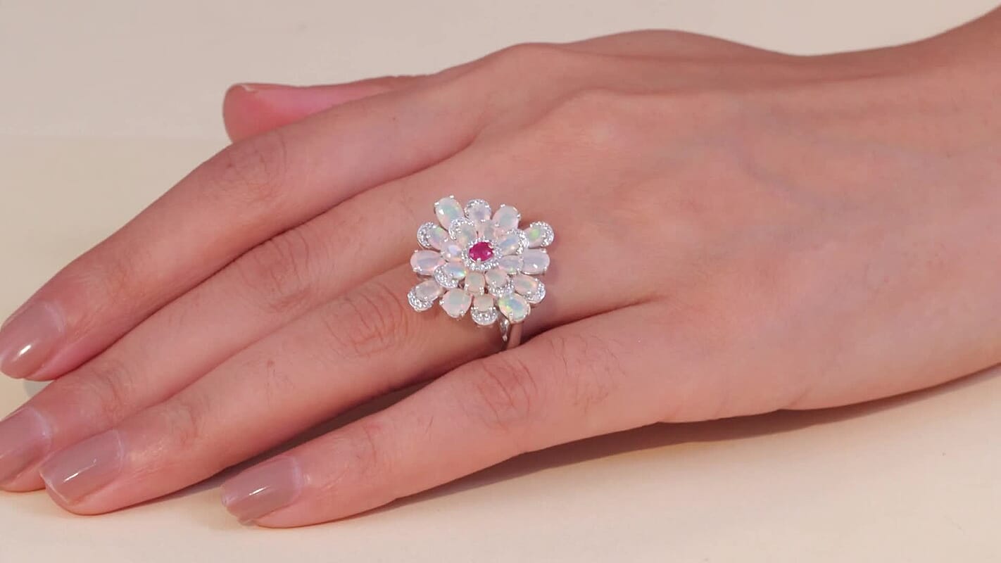 GP Premium Ethiopian Welo Opal, Multi Gemstone Ring in Rhodium Over Sterling Silver (Size 10.0) 3.85 ctw