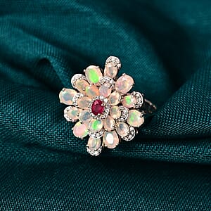  GP Italian Garden Collection Premium Ethiopian Welo Opal and Multi Gemstone 3.85 ctw Ring in Rhodium Over Sterling Silver (Size 6.0)